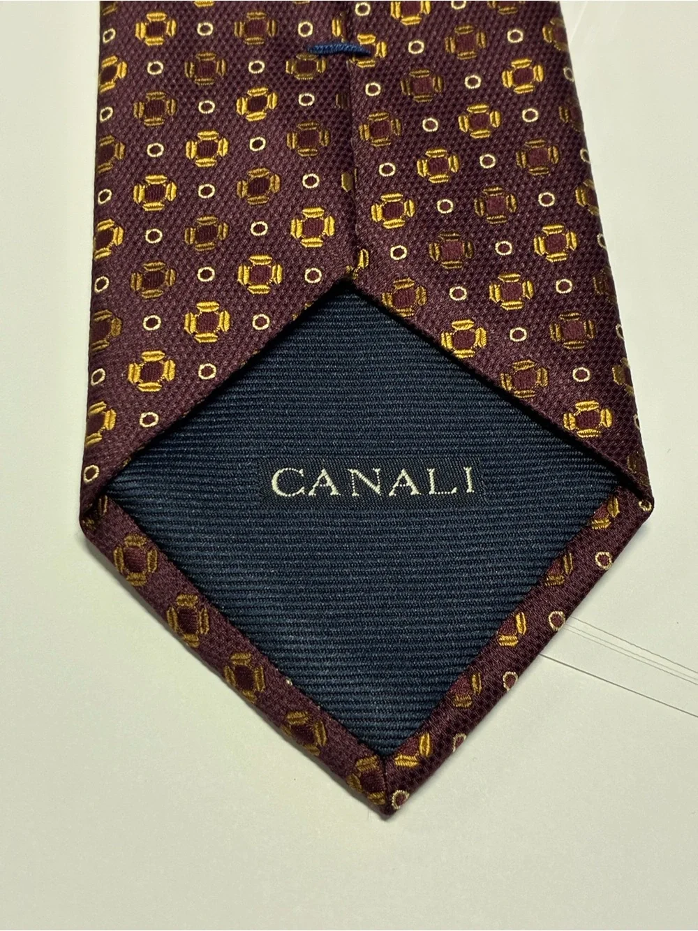 Canali Burgundy Tie with Gold Geometric Motif